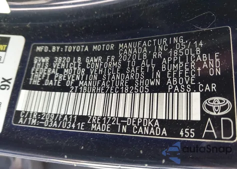 2014 Toyota Corolla L from USA, damaged, VIN 2T1BURHE7EC182505